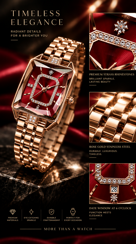 Montre Femme Rose Gold "Élégance Cristal" – Cadran Carré Rouge Vintage Serti de Strass