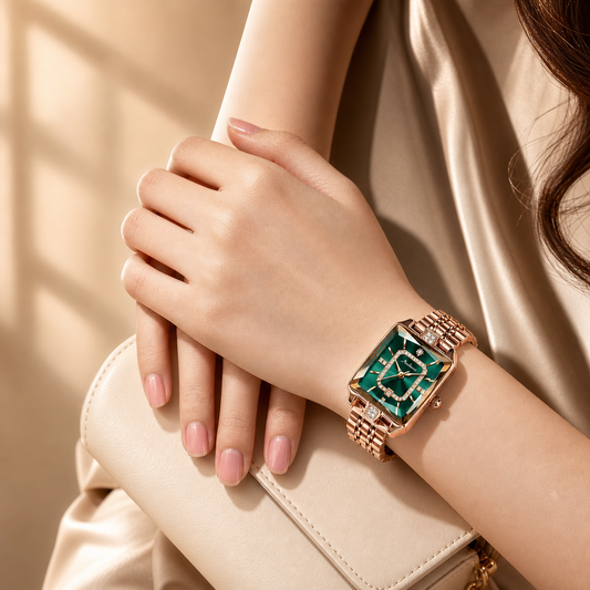 Montre Femme Rose Gold "Élégance Cristal" – Cadran Carré Rouge Vintage Serti de Strass